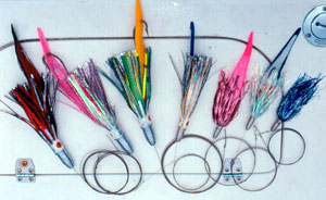 Dart and jethead lures rigged with strip baits or ballyhoo can be fished deeper at higher speeds by virtue of their design.   When properly weighted, they can be trolled at upwards of 20 knots.